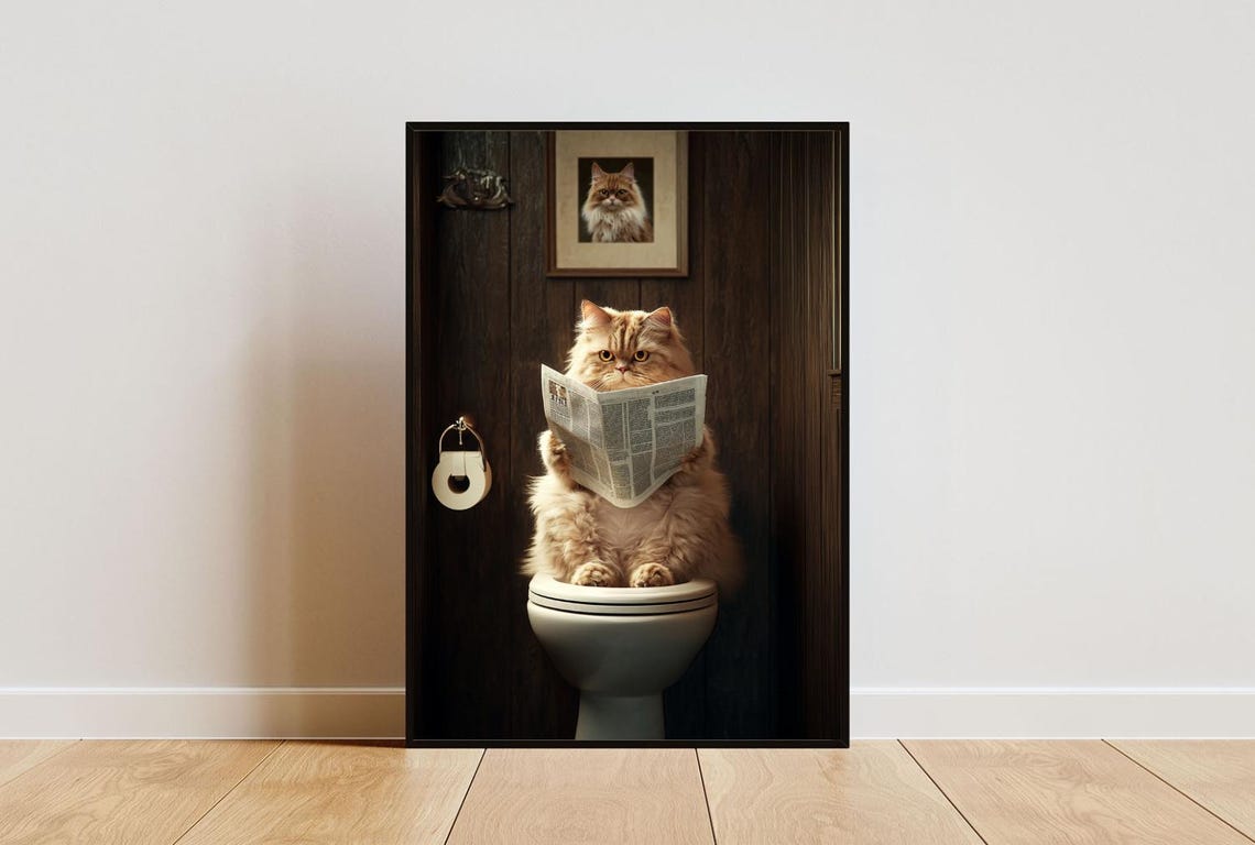 Selkirk Rex Cat on a Toilet Reading a Newspaper in a Bathroom Poster