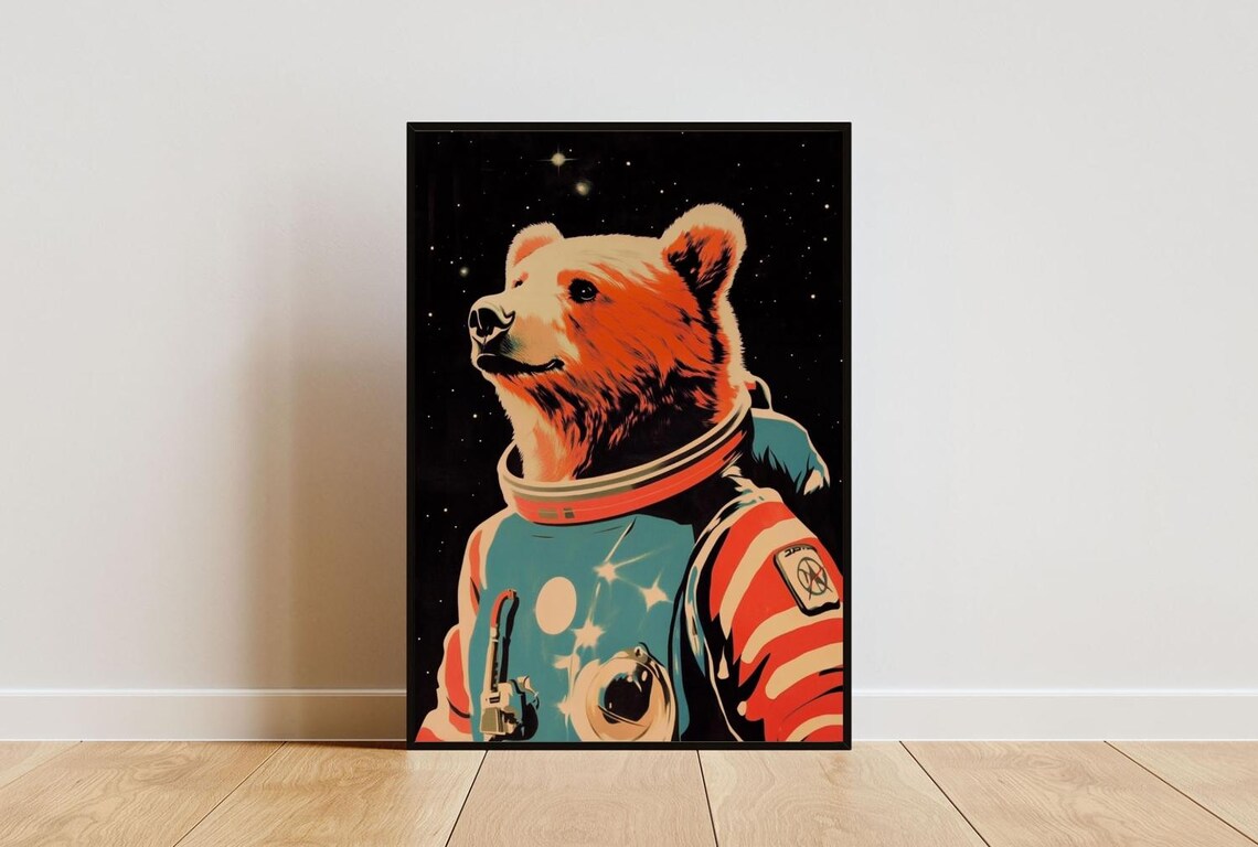 Bear Astronaut Retro Space Poster, Vintage Print