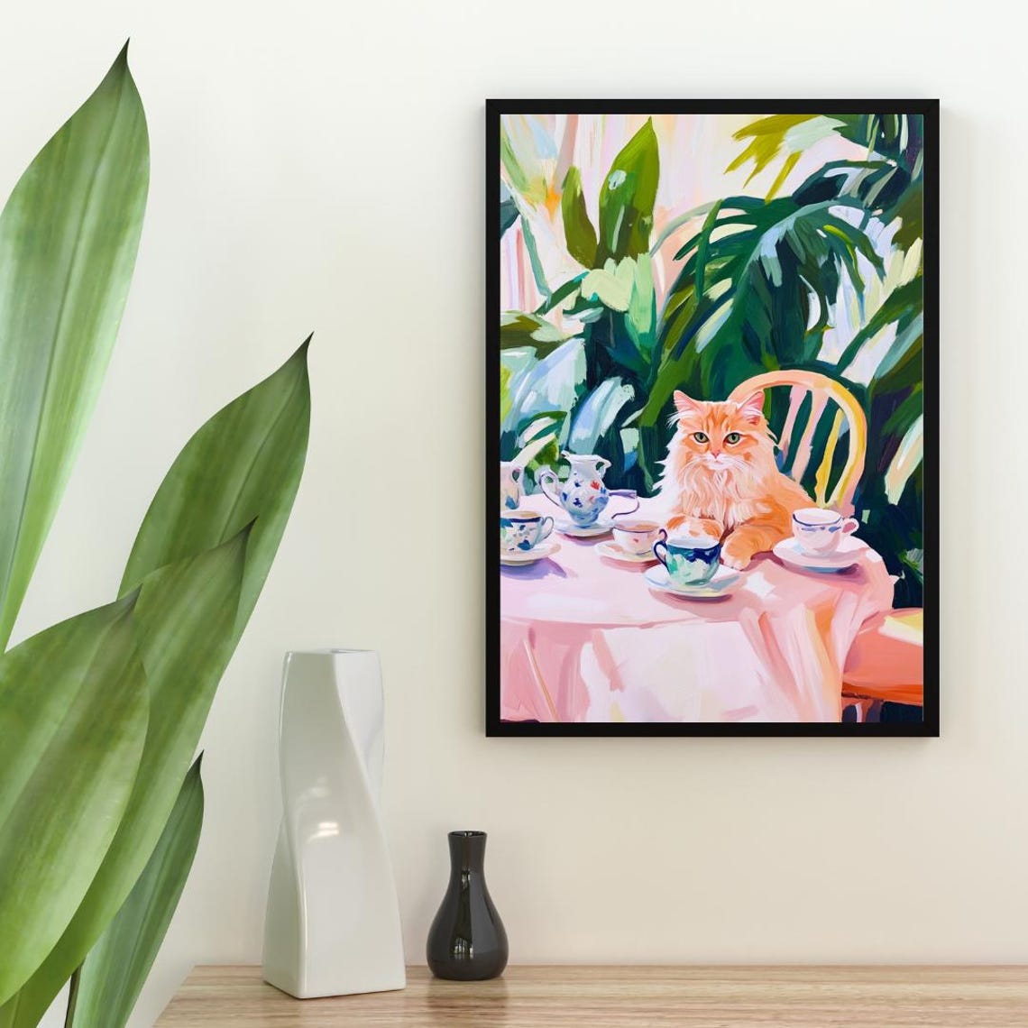 Fluffy Orange Cat at Tea Table Whimsical Pet Painting Portrait Poster - Image 2
