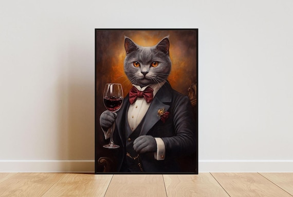 British Shorthair Cat In Tuxedo With Red Wine Red Bow Tie Portrait Poster