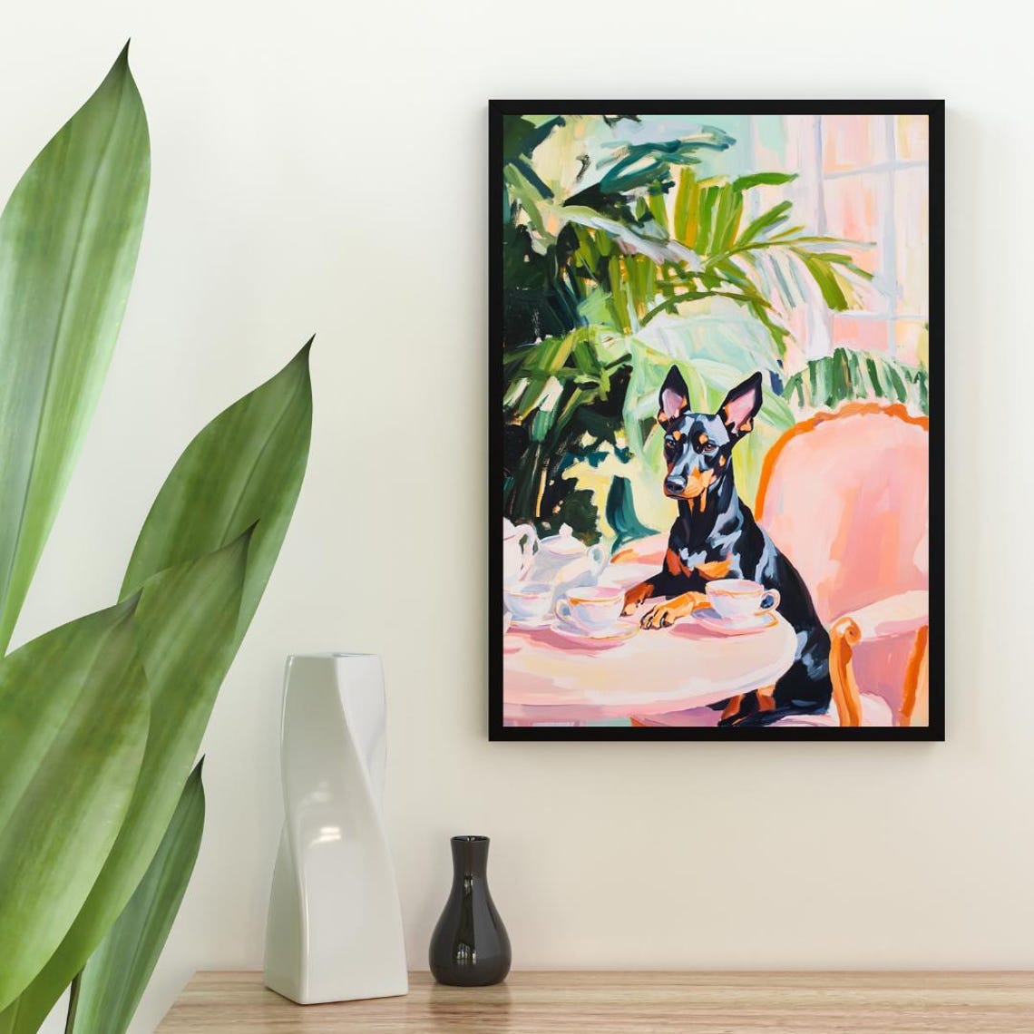 Doberman Pinscher Dog Garden Tea Party Pastel Painting Poster - Image 2