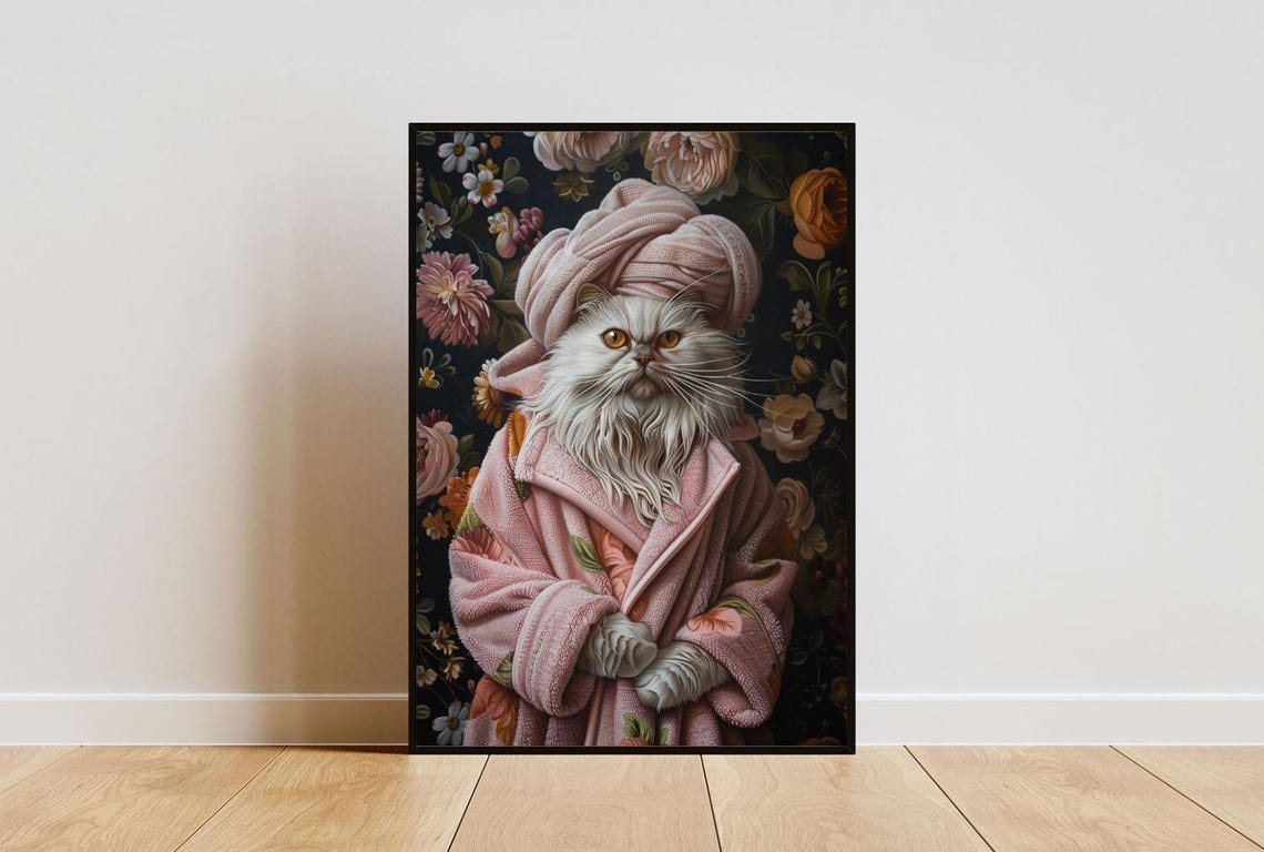 Persian In Pink Bathrobe Spa Day Portrait Funny Fluffy Cat Poster