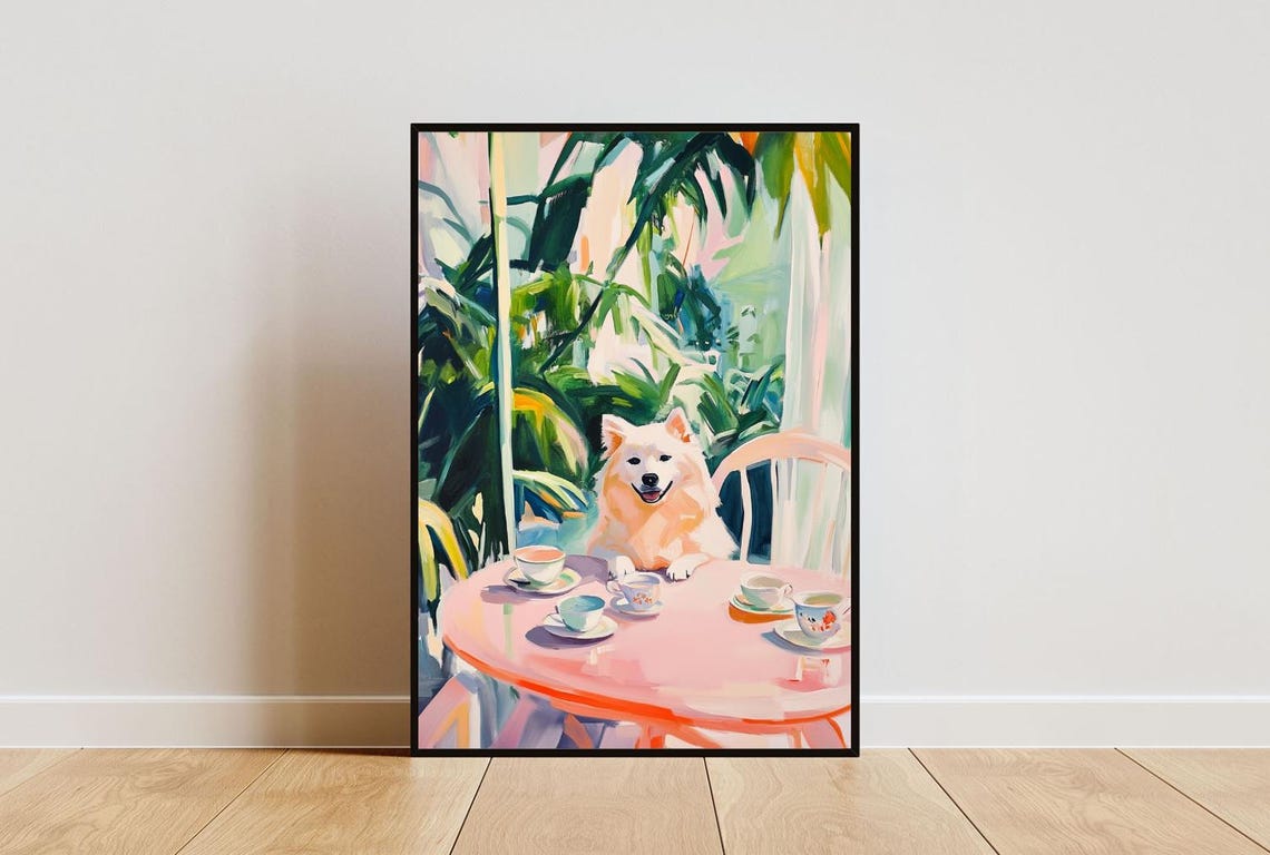 Samoyed Dog Garden Tea Party Pastel Oil Painting Style Poster
