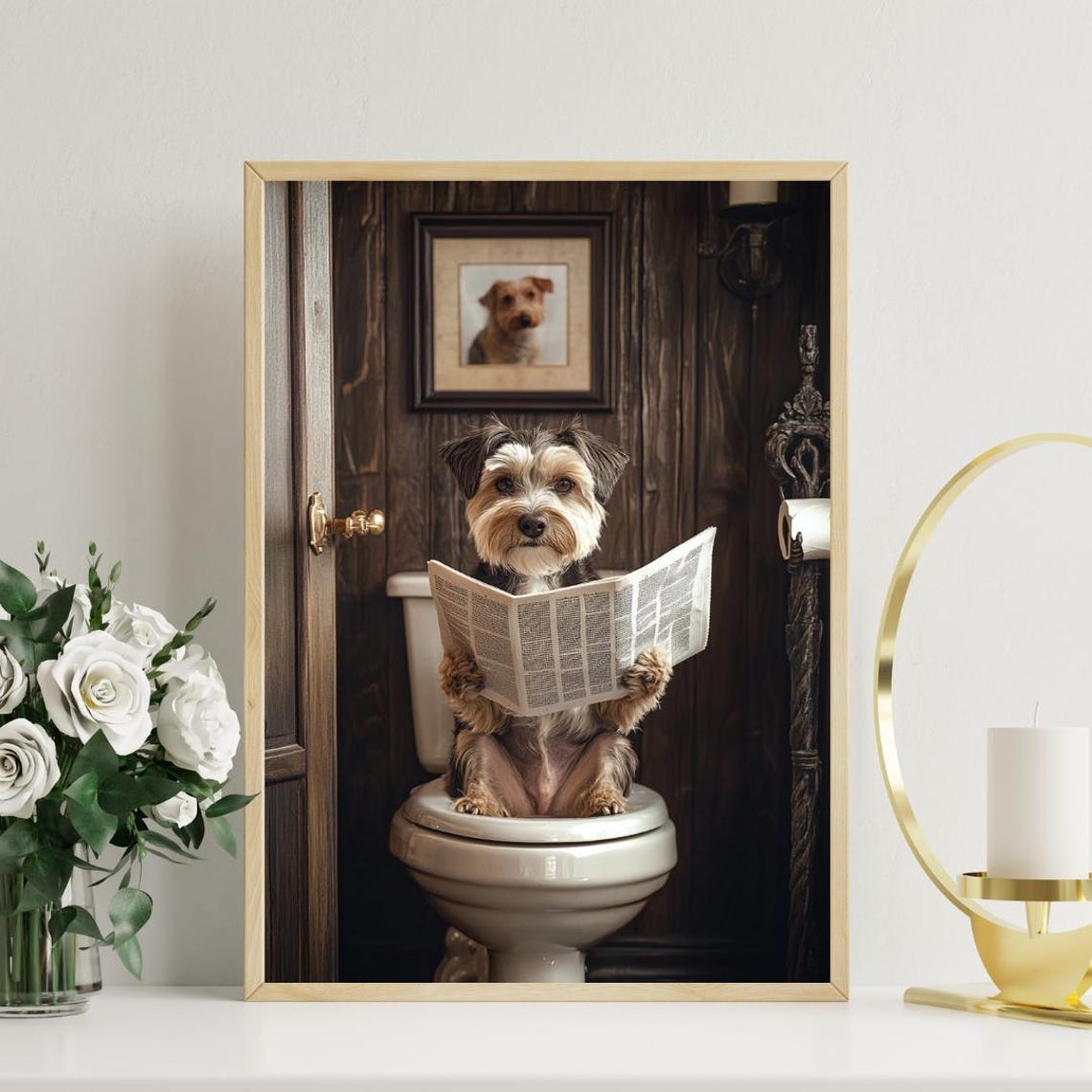 Wirehaired Pointing Griffon On Toilet Reading Newspaper Poster - Image 3