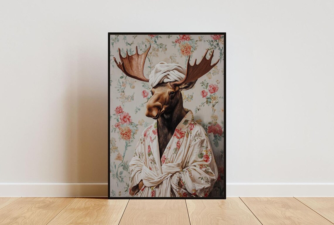 Moose In Bathrobe Poster, Funny Animal Bathroom Art