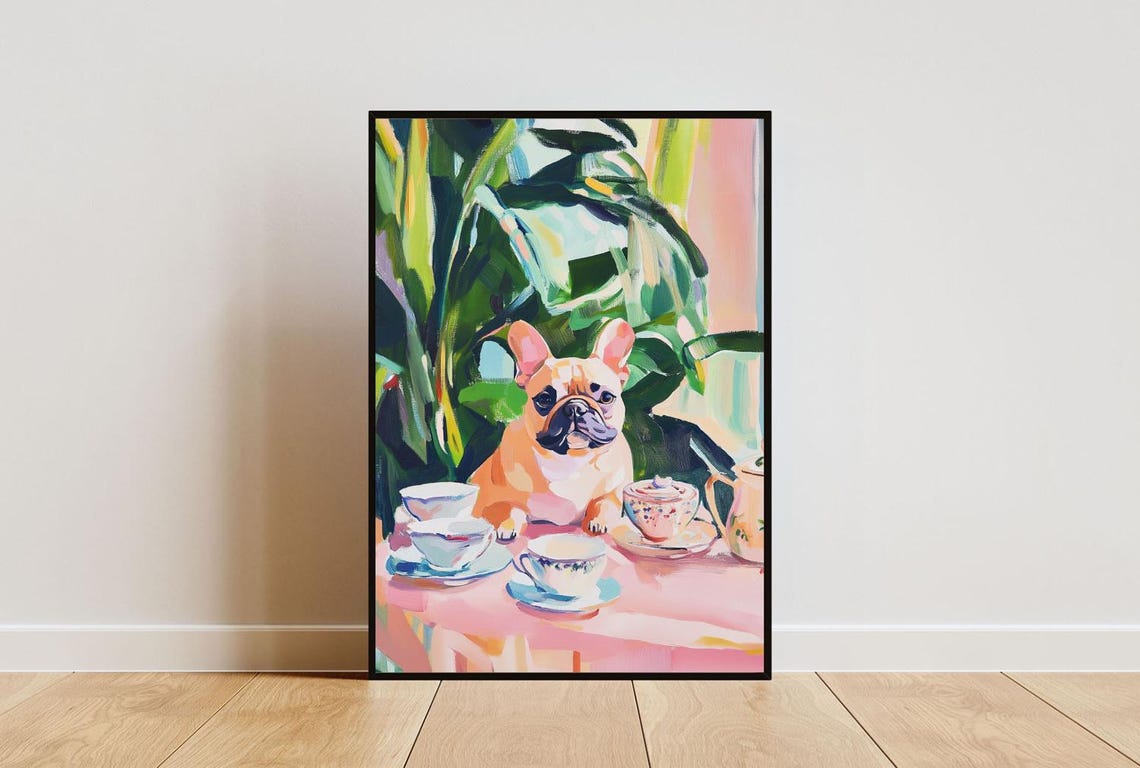 French Bulldog Dog Garden Tea Party Pastel Oil Painting Poster