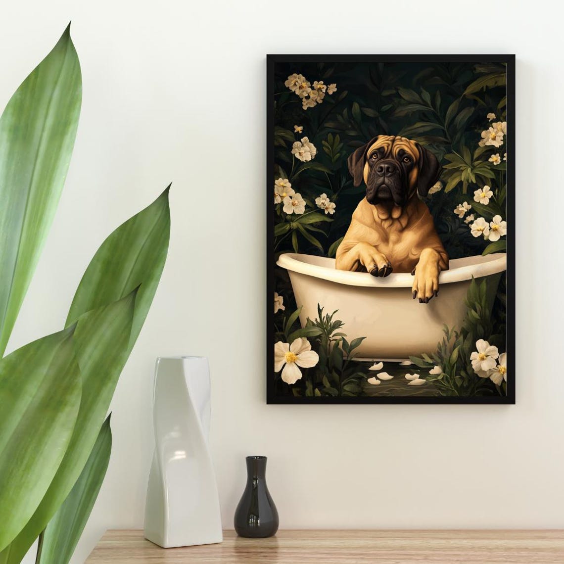 Mastiff in Bathtub Funny Dog Bathroom Botanical Floral Art Poster - Image 2