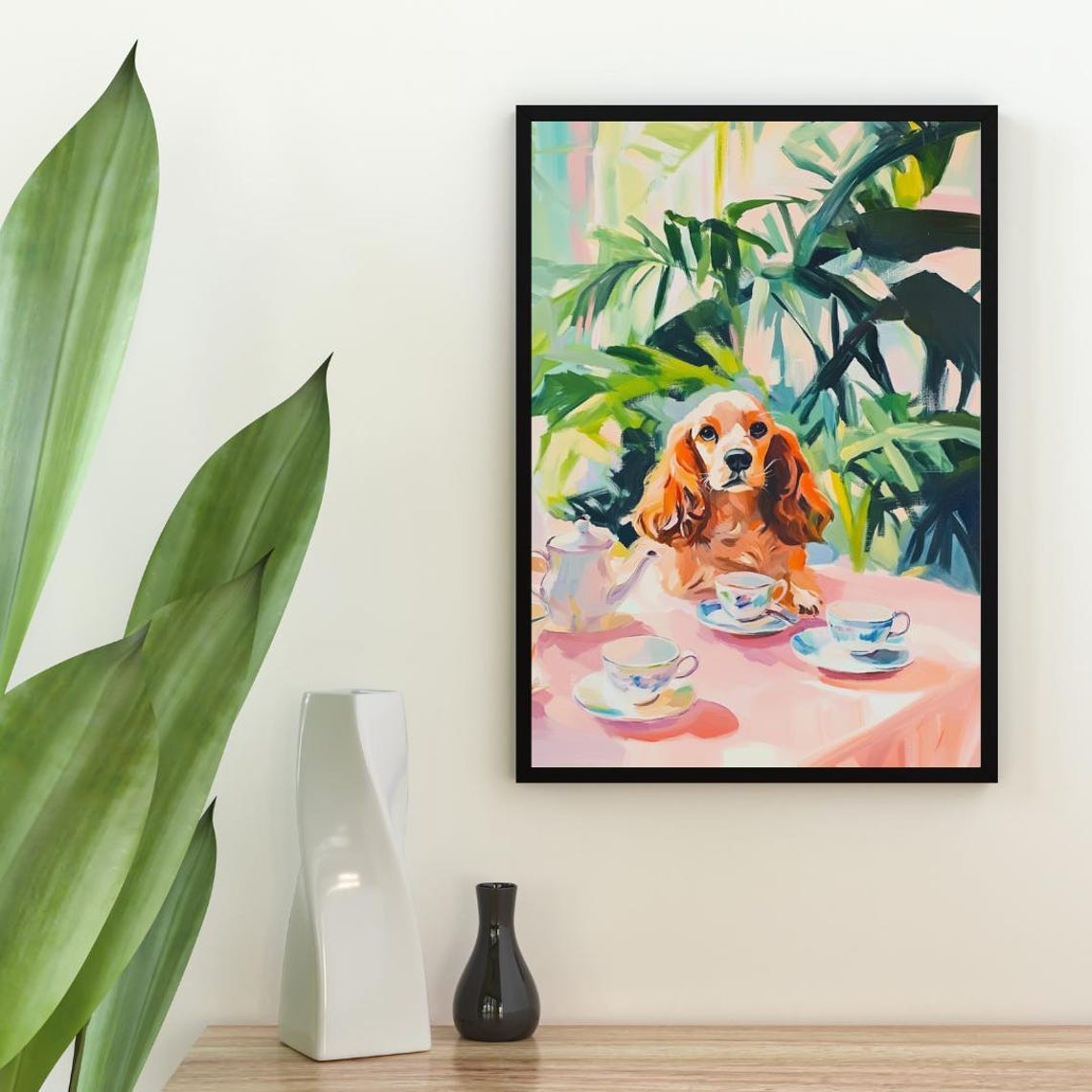 Cocker Spaniel Dog Garden Tea Party Pastel Oil Painting Poster - Image 2