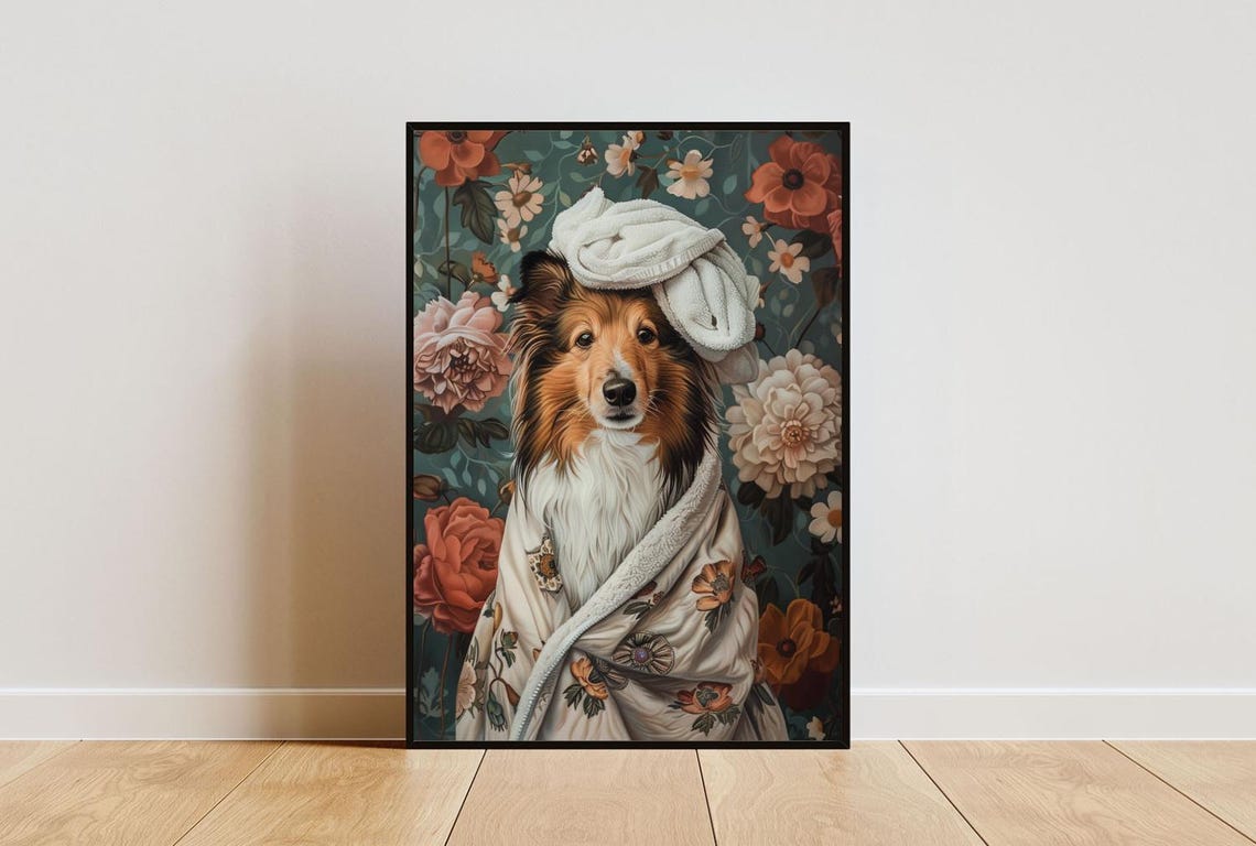 Shetland Sheepdog Bathrobe Dog Portrait Poster Cute Spa Floral Decor