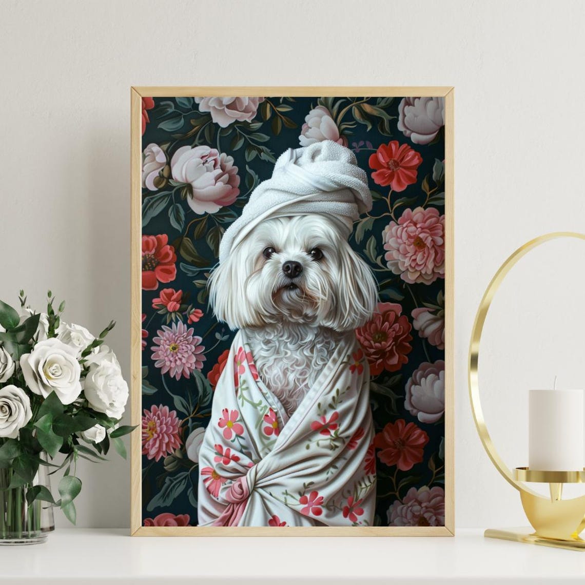 Fluffy White Havanese Dog in Bathrobe Fun Bathroom Spa Day Poster - Image 3