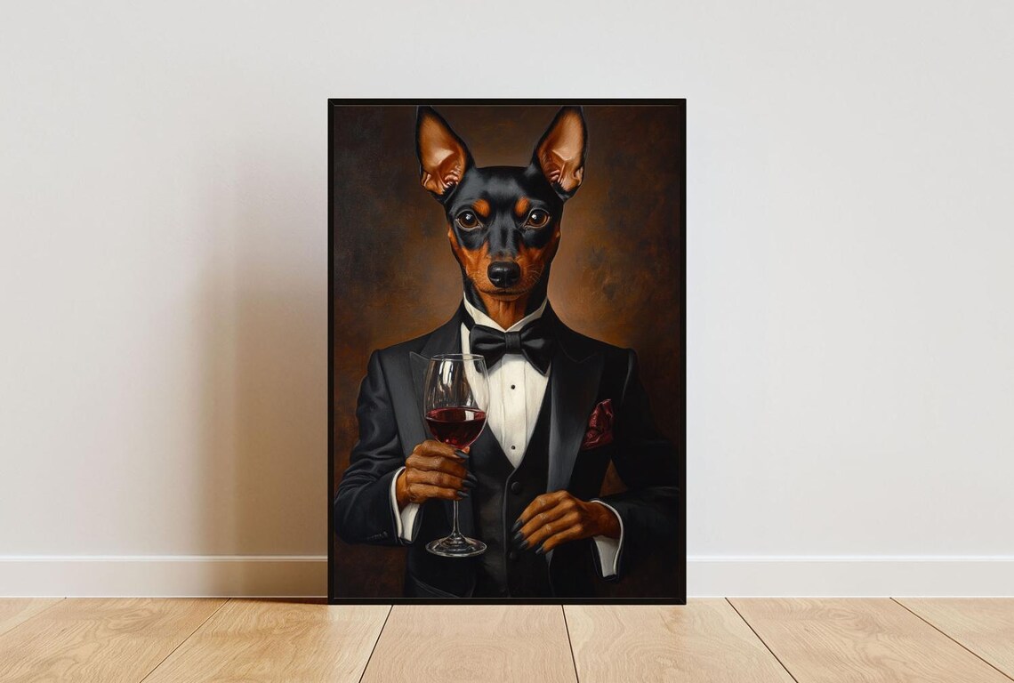 Miniature Pinscher In Tuxedo Holding Red Wine Glass Dog Portrait Poster