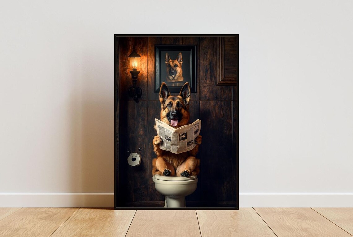 German Shepherd On Toilet Dog Bathroom Poster