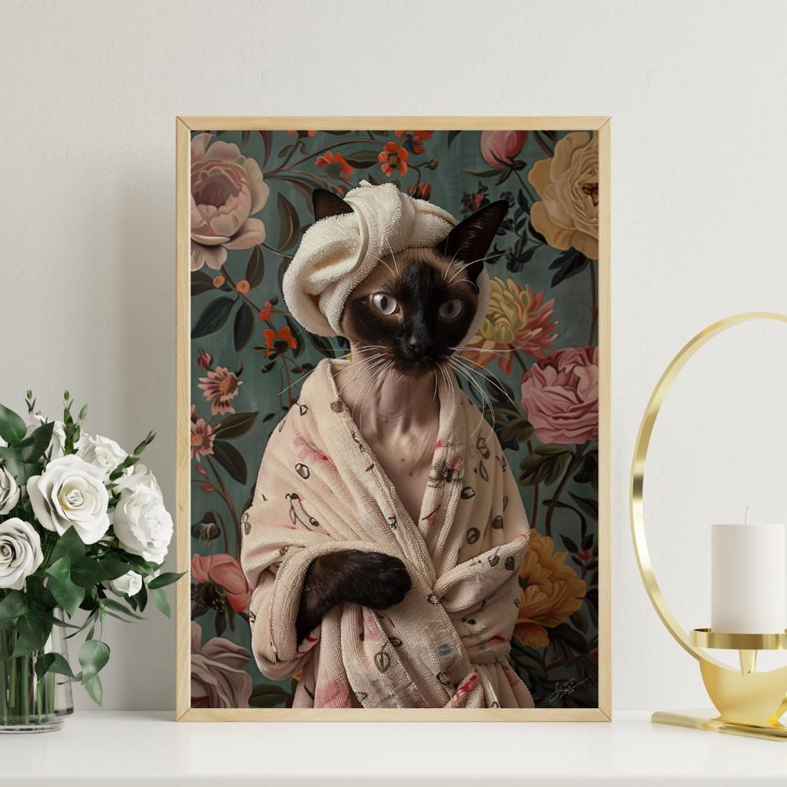 Siamese Cat in Bathrobe Floral Wallpaper Bathroom Art Poster - Image 3