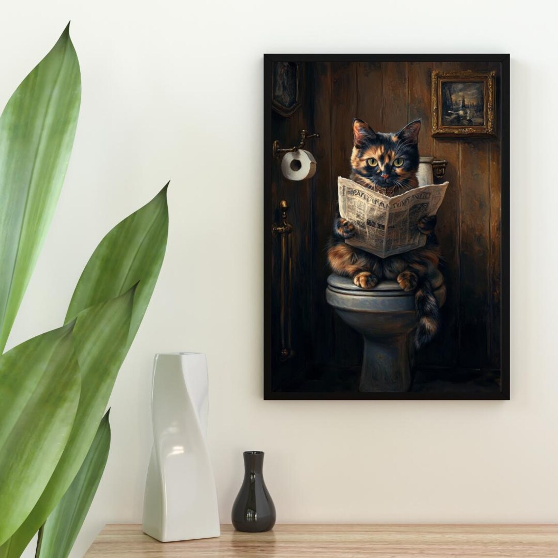 Tortoiseshell On Toilet Cat Bathroom Art Print - Image 2