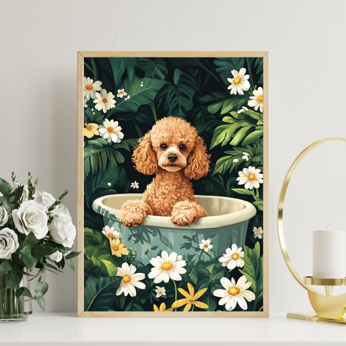 Poodle in Bathtub Curly Apricot Puppy Bathroom Daisy Art Poster - Image 3