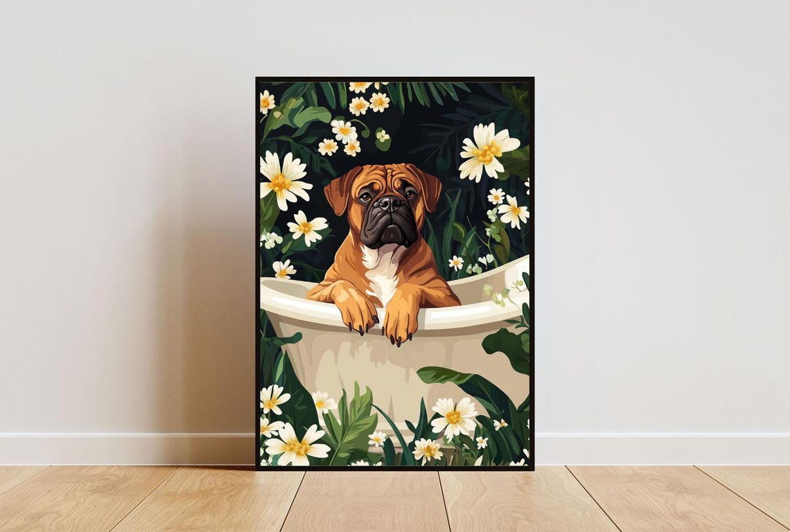 Bullmastiff Relaxing In Bathtub With Daisy Flowers Funny Dog Poster