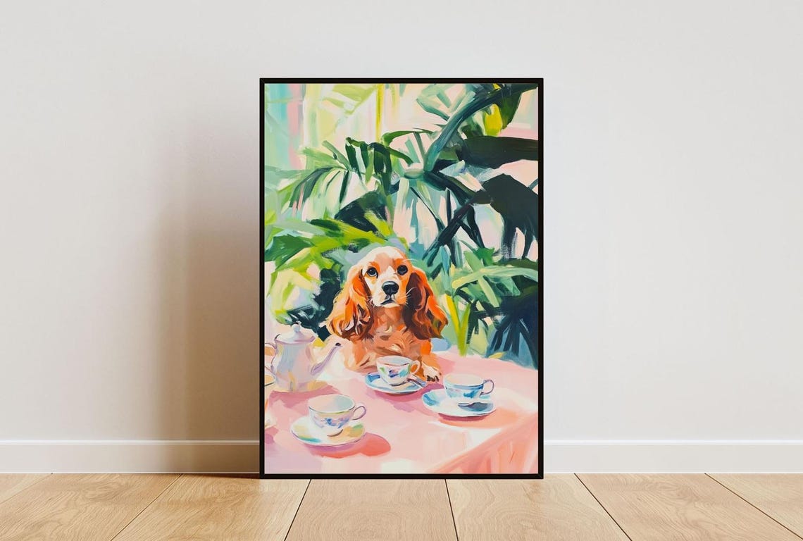 Cocker Spaniel Dog Garden Tea Party Pastel Oil Painting Poster