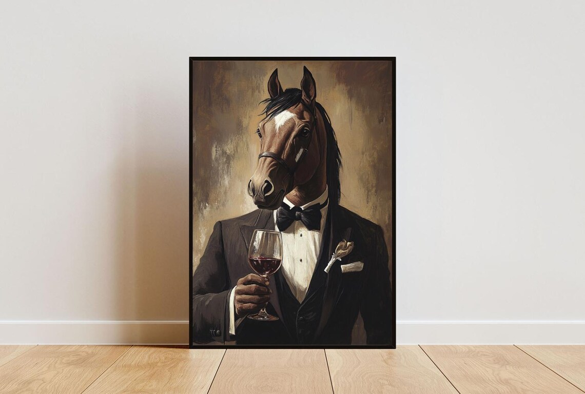 Horse In Tuxedo Holding Red Wine Glass Elegant Oil Painting Poster