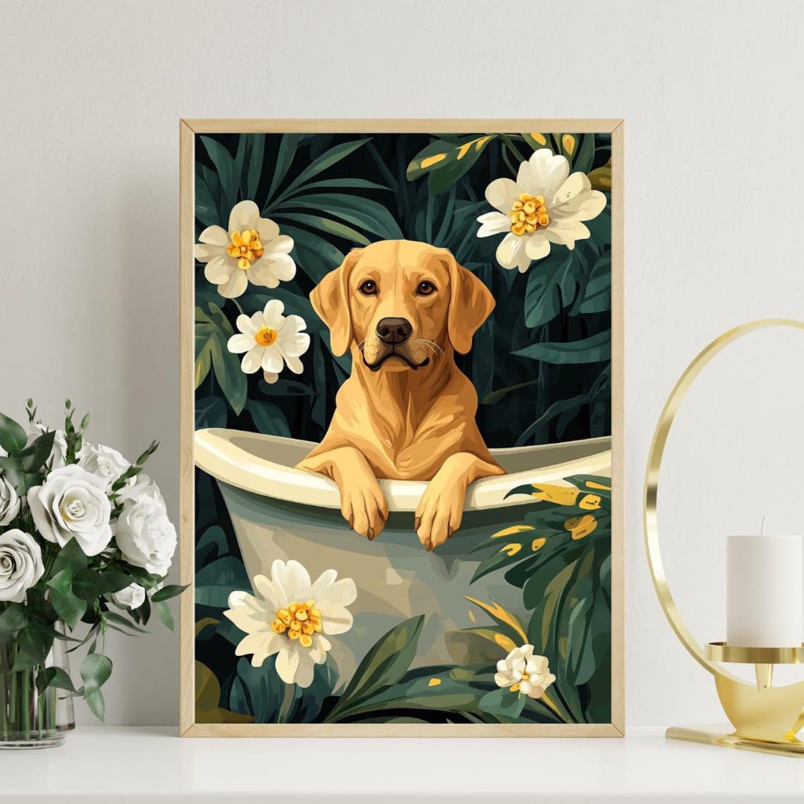 Labrador Retriever Dog In Bathtub With White Tropical Flowers Poster - Image 3