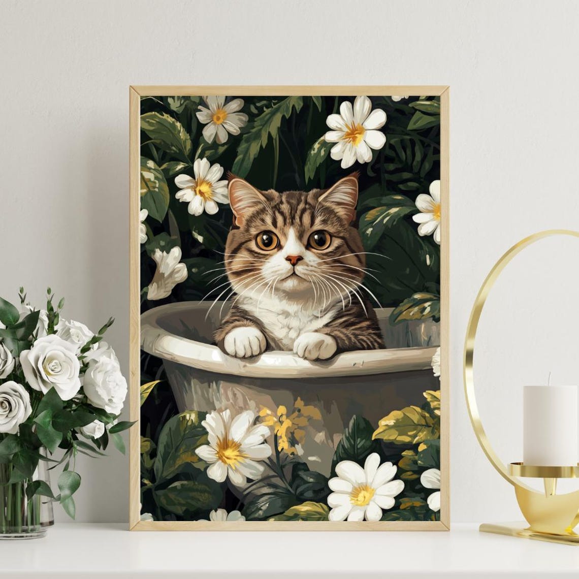 Scottish Fold Cat in Bathtub Botanical Bathroom Funny Decor Poster - Image 3