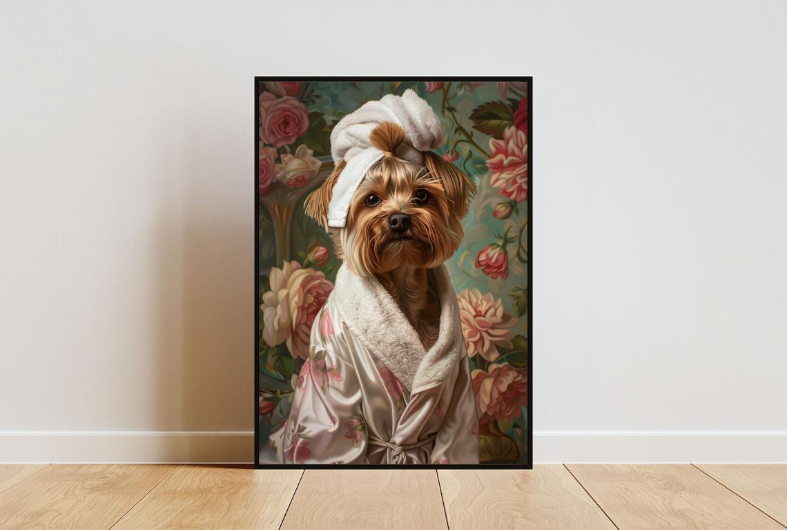 Yorkshire Terrier In Bathrobe Poster, Bathroom Art