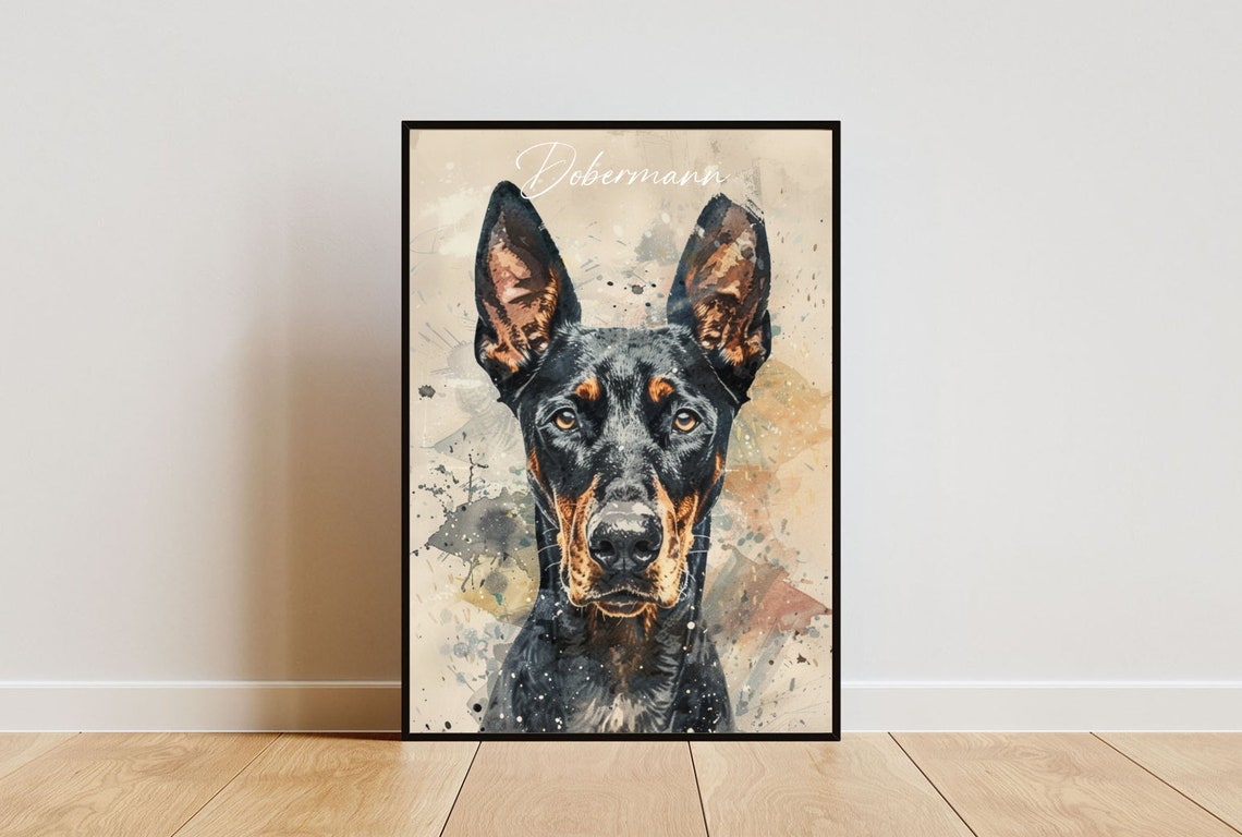 Dobermann Watercolor Dog Breed Portrait Poster Script Name Detail