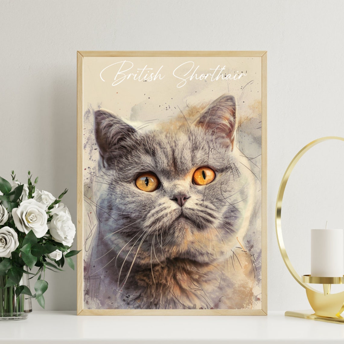 British Shorthair Cat Watercolor Portrait Golden Eyes Poster - Image 3