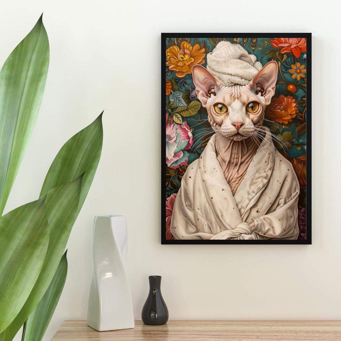 Adorable Hairless Cat in White Bathrobe Spa Day Bathroom Poster - Image 2