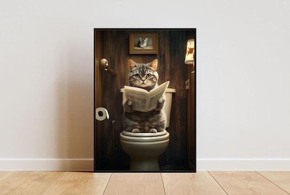 Scottish Fold Cat on a Toilet Reading a Newspaper in a Bathroom Poster