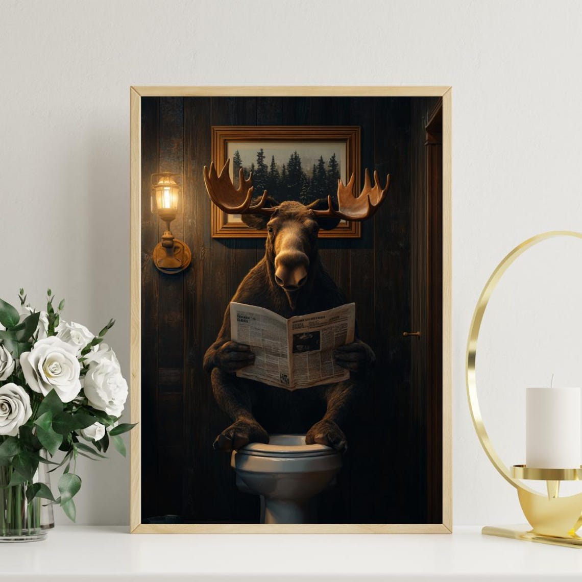 Moose on a Toilet Reading a Newspaper in a Dark Wood Bathroom Poster - Image 3