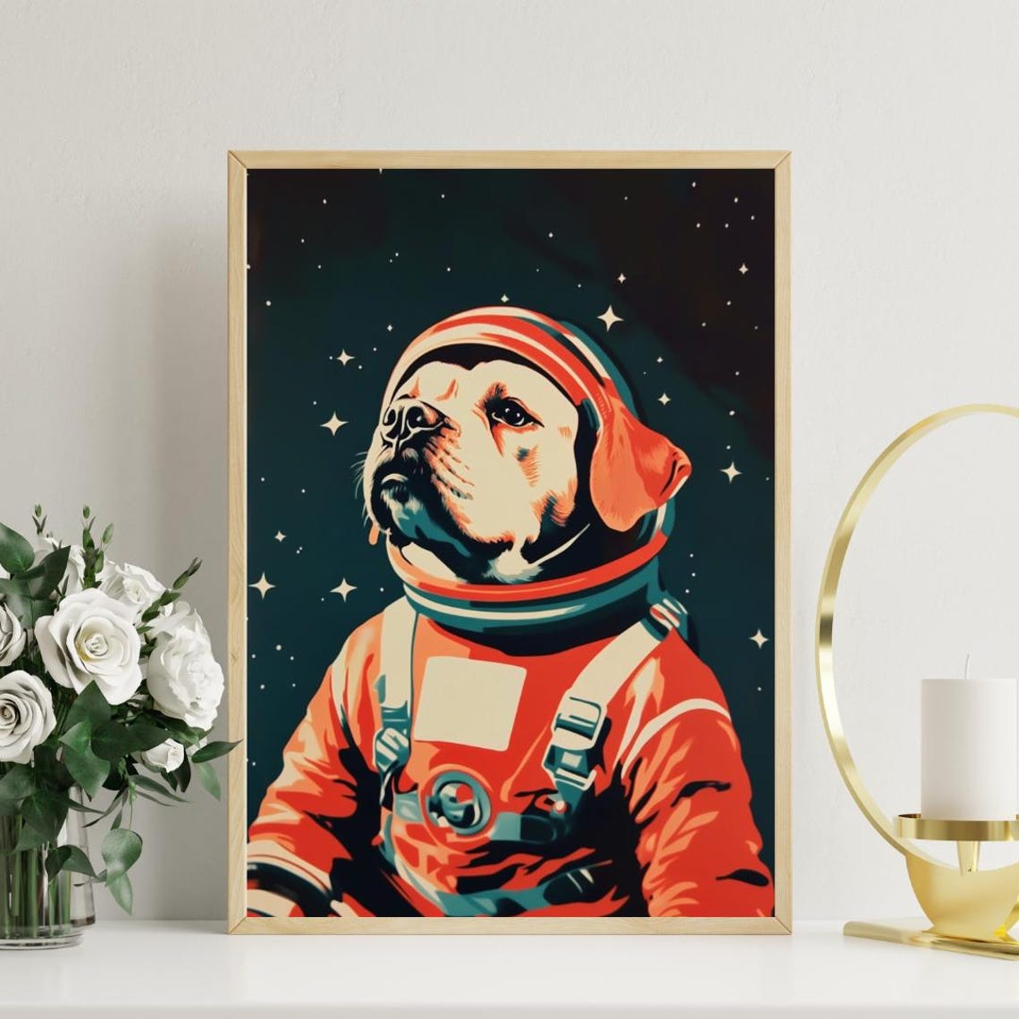 Puppy Dog Astronaut Vintage Retro Starry Space Portrait Poster - Image 3