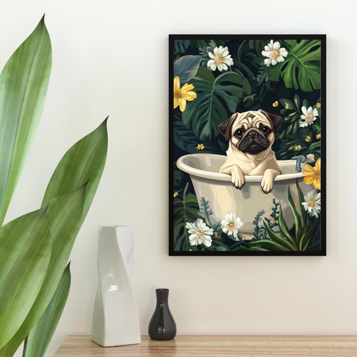 Pug in Bathtub Funny Dog Bathroom Tropical Leaves Floral Art Poster - Image 2