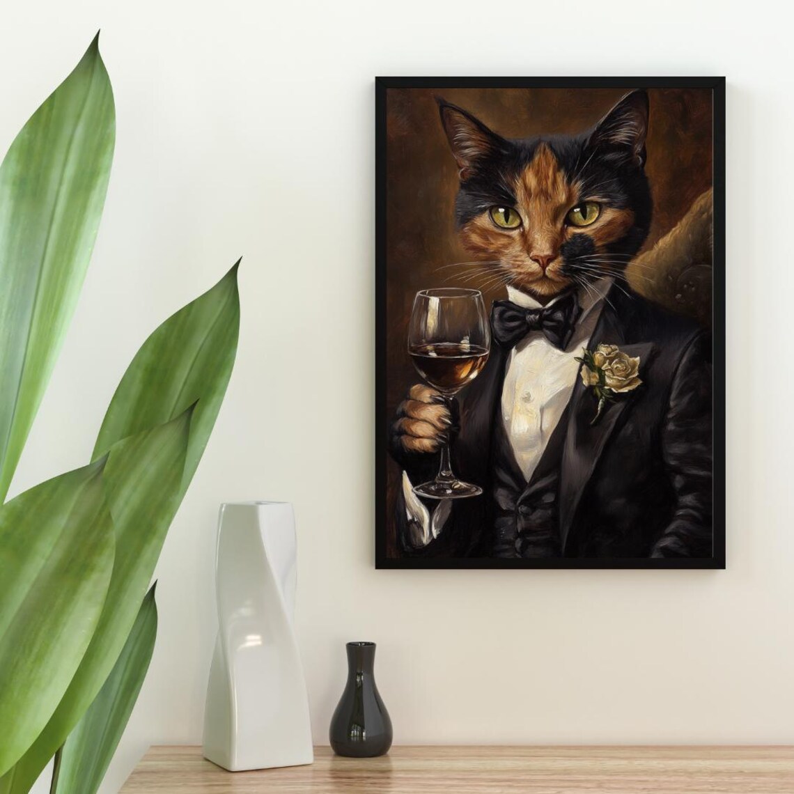 Tortoiseshell Cat In Tuxedo Holding White Wine Glass Formal Feline Portrait Poster - Image 2