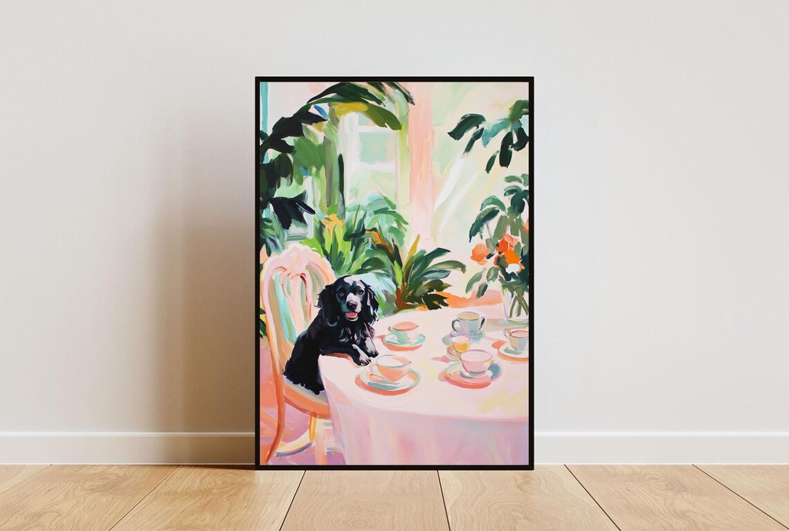 Boykin Spaniel Dog Tea Party Black Puppy Colorful Oil Painting Poster