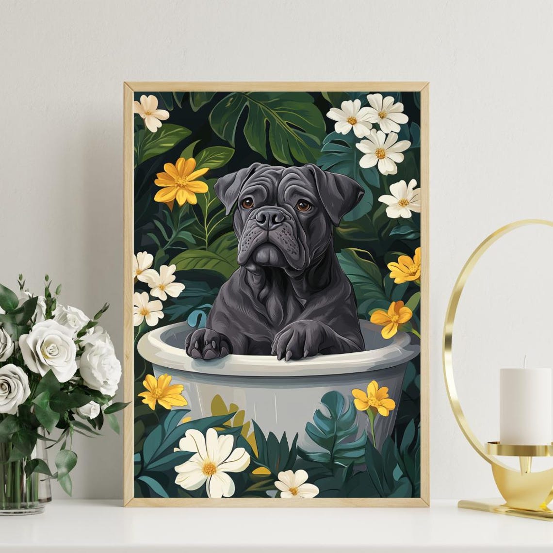 Cane Corso in Bathtub Gray Puppy Bathroom Tropical Floral Art Poster - Image 3