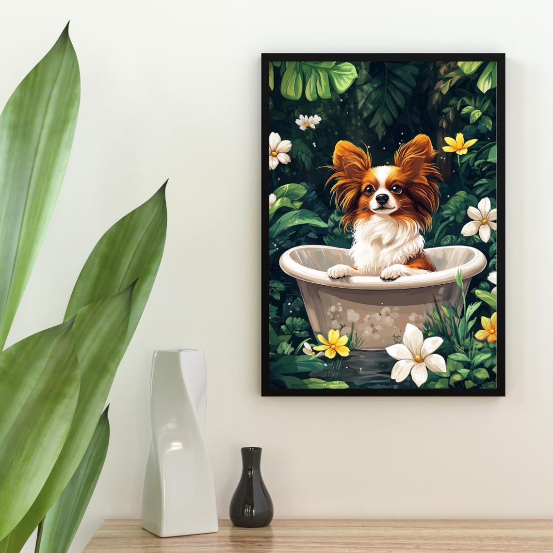Papillon Relaxing In Floral Bathtub Cute Small Butterfly Dog Poster - Image 2