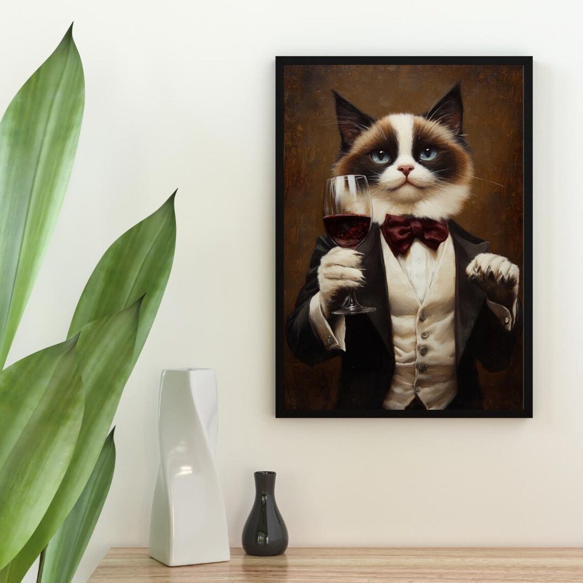 Ragdoll Cat In Tuxedo Holding Red Wine With Red Bow Tie Portrait Poster - Image 2
