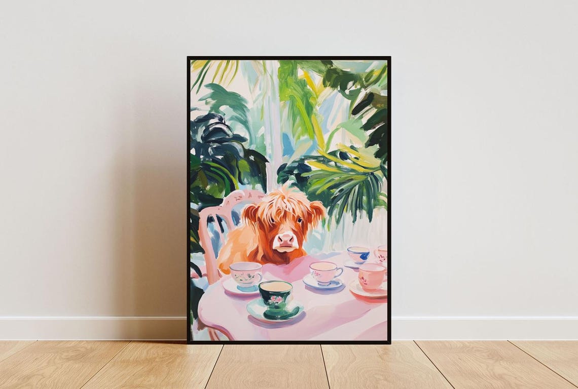 Highland Cow at Tea Table Whimsical Farm Animal Painting Poster