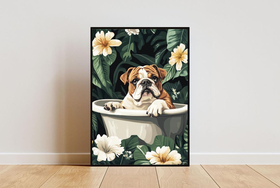 Bulldog In Bathtub Poster Funny Dog Poster Bulldog Bathroom Print Bulldog Bath Poster Pet Poster Dog Bathroom Poster Funny Bulldog Art