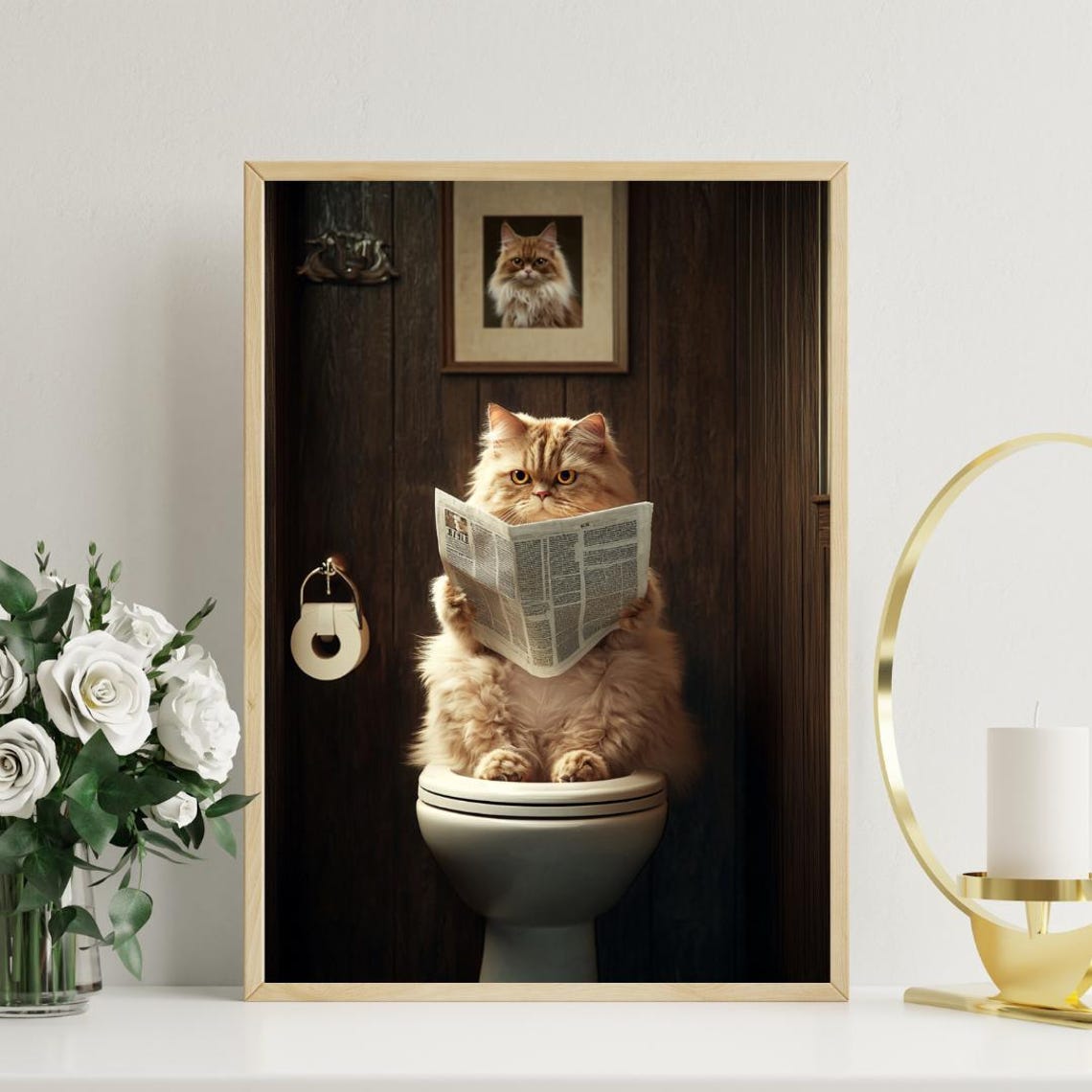 Selkirk Rex Cat on a Toilet Reading a Newspaper in a Bathroom Poster - Image 3
