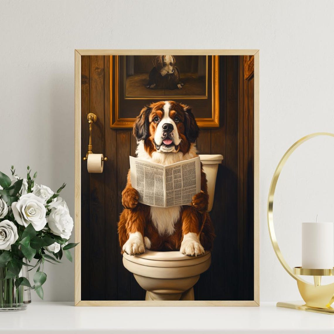 Saint Bernard On Toilet Reading Newspaper Funny Bathroom Poster - Image 3