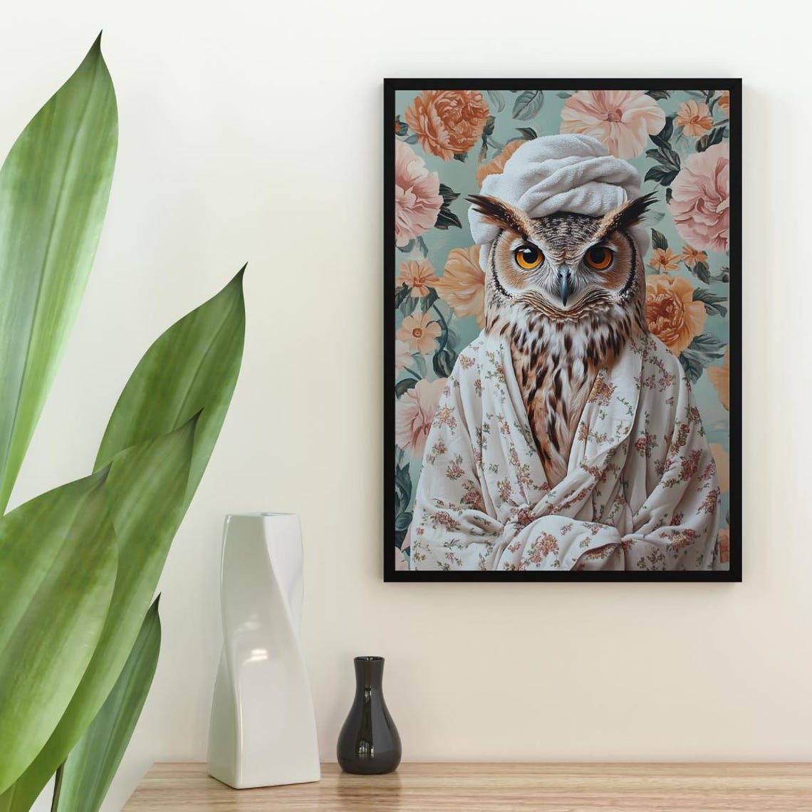 Owl In Floral Bathrobe With Towel Turban Funny Animal Poster - Image 2