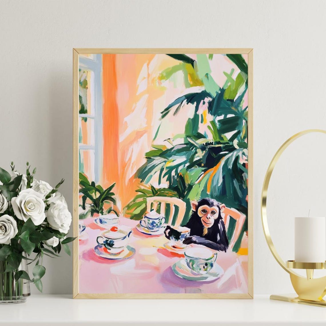 Monkey at Tea Table Whimsical Jungle Animal Painting Portrait Poster - Image 3