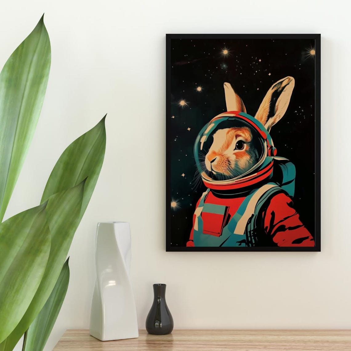 Vintage Rabbit Astronaut Starry Night Retro Space Portrait Art Poster - Image 2
