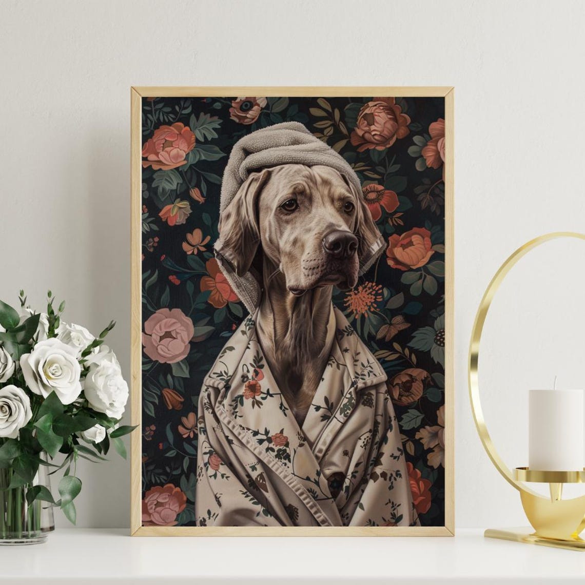 Weimaraner in Floral Bathrobe Funny Dog Bathroom Portrait Poster - Image 3