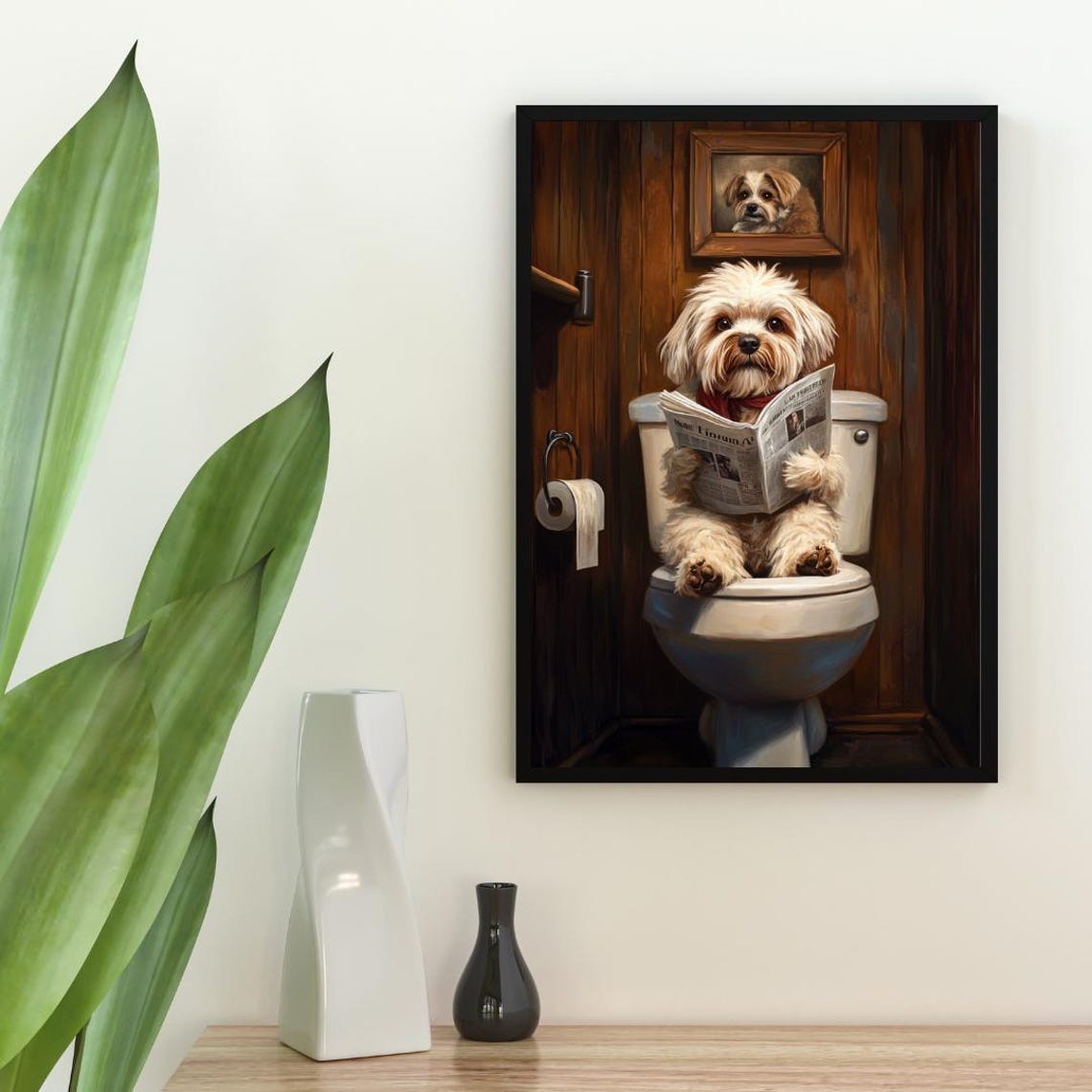 Lhasa Apso on a Toilet Reading a Newspaper in a Rustic Bathroom Poster - Image 2