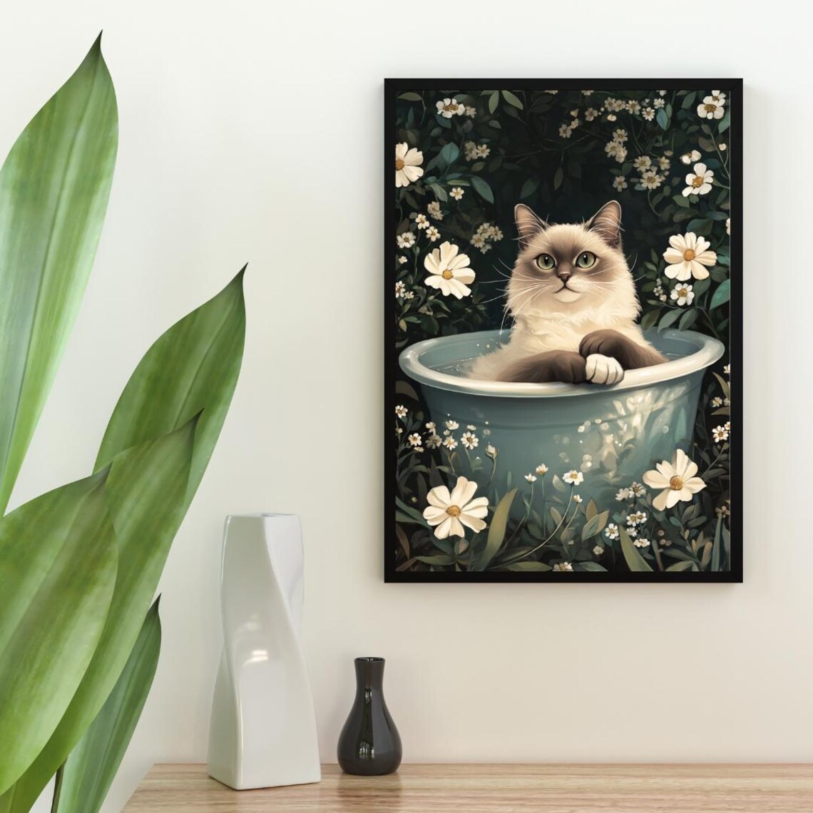 Birman Cat in Bathtub Botanical Bathroom Poster Funny Daisy Style Decor - Image 2