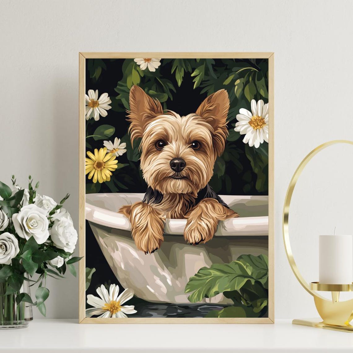 Yorkshire Terrier in Bathtub Tiny Dog Bathroom Daisy Floral Art Poster - Image 3