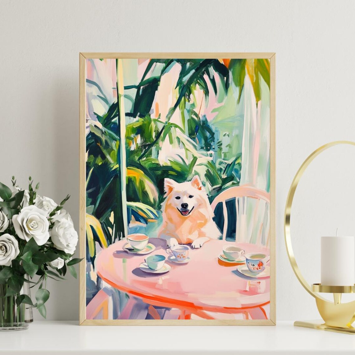 Samoyed Dog Garden Tea Party Pastel Oil Painting Style Poster - Image 3
