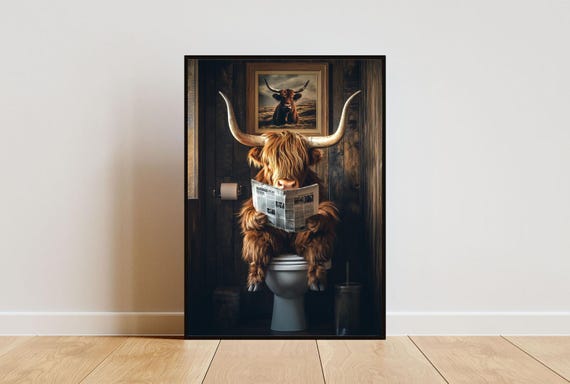Highland Cow Bathroom Poster, Scottish Cow Portrait